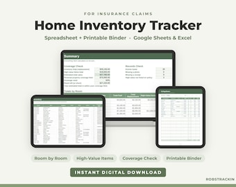 Home Inventory Tracker Spreadsheet & Printable Binder for Insurance, Homeowners and Renters, Google Sheets + Excel