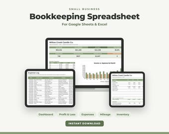 Kalkylblad för bokföring för småföretag, instrumentpanel, lager, utgiftsspårning, vinst/förlust, körsträcka, Google Sheets + Excel