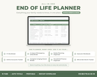 End of Life Planner, Family Emergency Binder, Estate Planning Organizer, Google Sheets & Excel