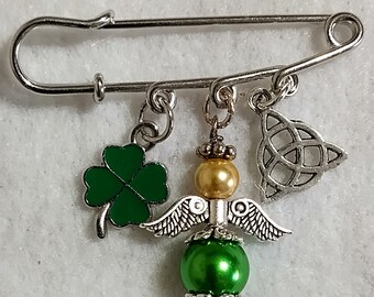 Handmade Angel with Celtic Knot and Shamrock Brooch Pin: Ideal for St. Patrick's Day, Spiritual Protection & Irish Heritage Gift.