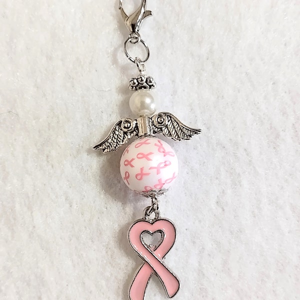 Breast Cancer Awareness Angel With Heart Charm - Supportive Keepsake, Hopeful Healing Handmade Angel.