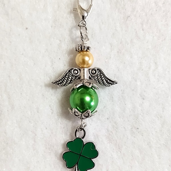 Handcrafted Green & Gold Angel with Shamrock Charm: Irish Heritage Keepsake, Guardian Angel, St. Patricks Day Gift For Him or Her.