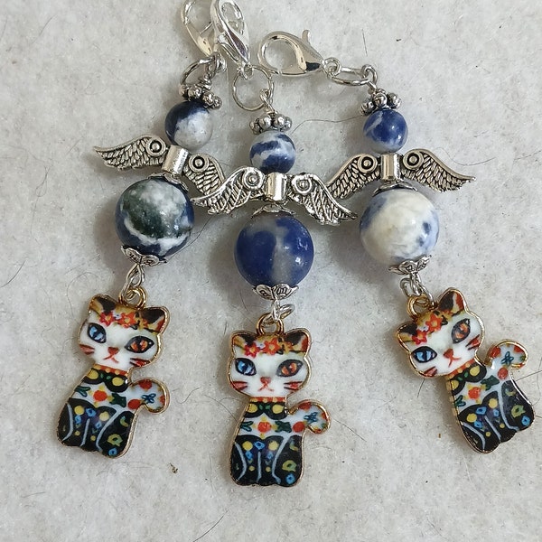 Handmade Blue and White Agate Angel - Floral Cat Charm - Gift for her