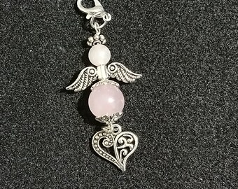 Rose Quartz Angel with heart Charm, Handmade gift for her.