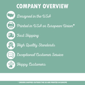 May include: A teal graphic with white text and icons. The text reads "COMPANY OVERVIEW" and lists key features: Designed in the USA, Printed in USA or European Union, Fast Shipping, High Quality Standards, Exceptional Customer Service, and Happy Customers.