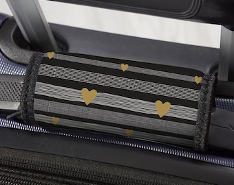 Personalized Gold Hearts with Stripes Black Background Valentines Day Luggage Handle Gift Elegant Love Theme