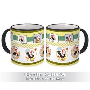 May include: A white ceramic mug with a black handle and rim. The mug features a repeating pattern of cartoon roosters in circles and squares, with a yellow and green background. The text at the bottom reads "NOT A SET. IMAGE SHOWS BOTH SIDES OF THE MUG."