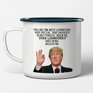 Regalo para MADRINA Taza de esmalte con borde negro Regalo Donald Trump La mejor MADRINA Navidad divertida