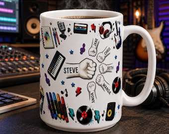 Personalized Dad Mug, Music Dad Coffee Cup, Dad Gifts with Kids Names, Daddy Birthday Fathers Day Gifts for Dad Rock Enamel Color