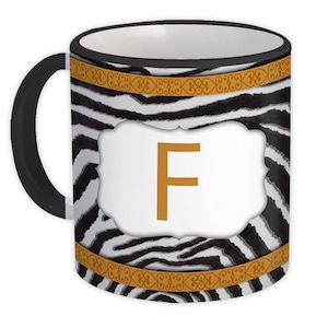 Taza de lujo con letras de cebra de la A a la Z: Taza de café con monograma dorado y asa negra, regalo con estampado animal