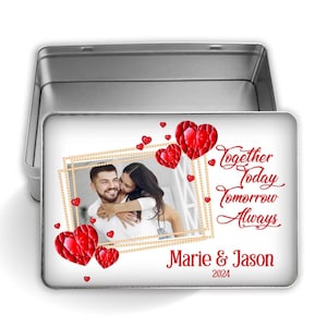 Spersonalizowane imię i zdjęcie Data Walentynki Prostokątne pudełko blaszane Prezent Razem Zawsze dostosowywalne