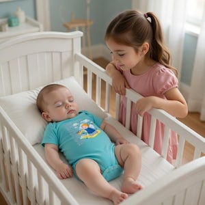 May include: A sleeping baby in a white crib wearing a light blue onesie with a graphic design. A young girl in a pink dress looks over the side of the crib. The crib is white and has a white mattress and pillow.