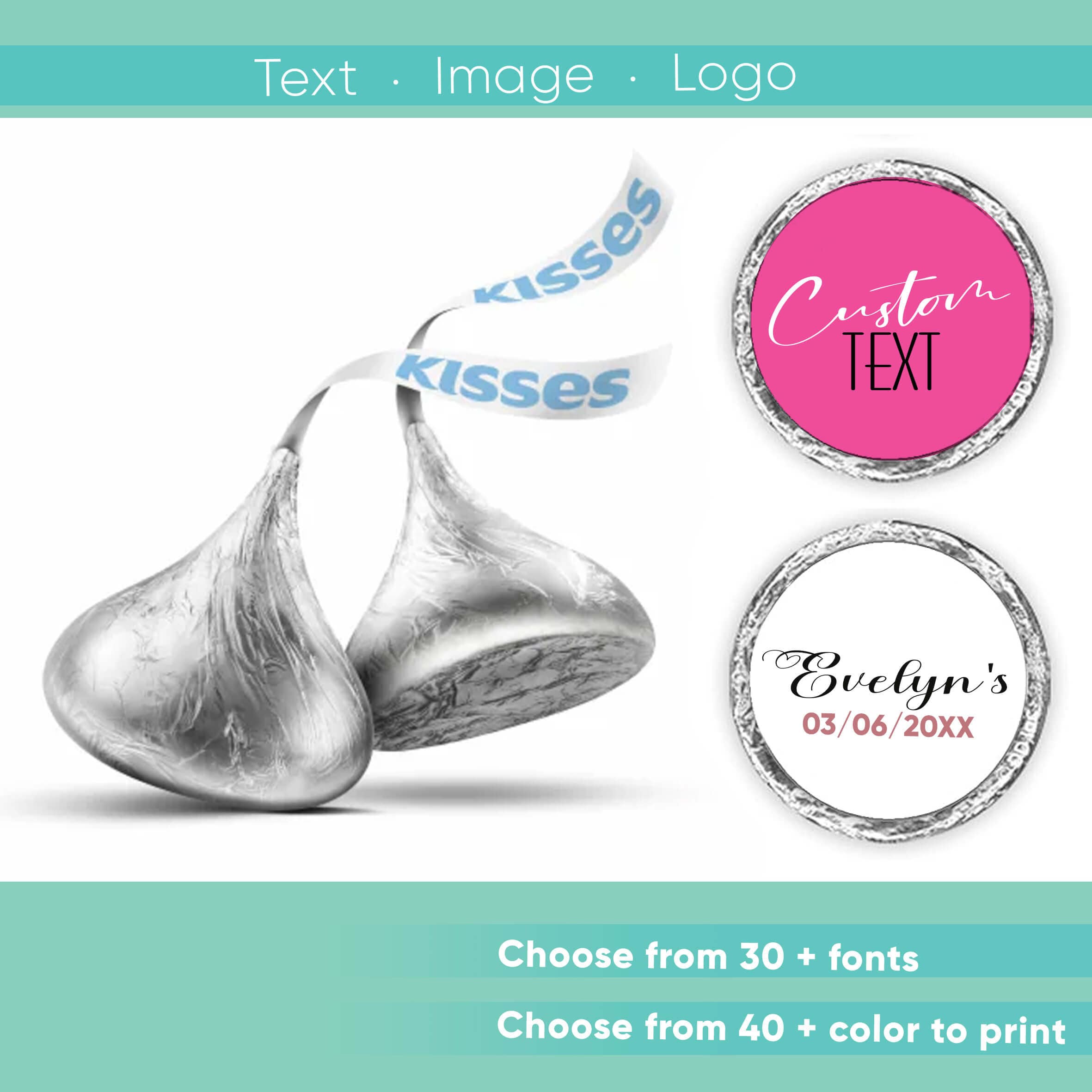 Personalized Kiss Chocolate Sticker Bulk Custom Round Label Party Favor Decor Bridal Shower Graduation Anniversary Sweet 16 Candy Wrapper
