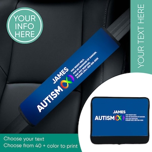 Autismo Copertura cintura di sicurezza personalizzata Informazioni Consapevolezza Personalizzato Speciale Condizione medica Avviso Spotter Nome personalizzato Contatto Sicurezza Gruppo sanguigno