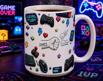 Personalized Dad Mug, Video Game Dad Coffee Cup, Dad Gifts with Kids Names, Daddy Birthday Fathers Day Gifts for Dad Gaming Enamel Color