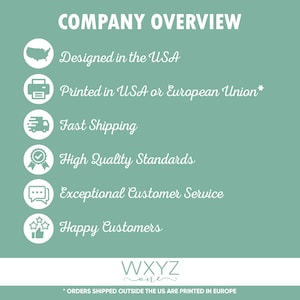 May include: A teal graphic with white text and icons detailing company values. Text includes "Designed in the USA", "Printed in USA or European Union", "High Quality Standards", and "Exceptional Customer Service". The company logo is at the bottom.