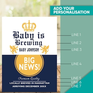 May include: A baby announcement card with a white and navy blue background. The text "Baby is Brewing" is displayed with a crown and two heraldic lions. The words "BIG NEWS!" are in a yellow circle. The card also includes the text "Baby Johnson".
