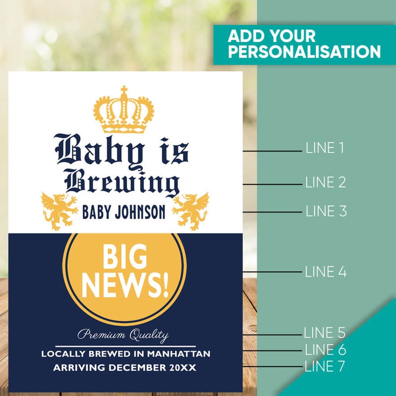 May include: A baby announcement card with a white and navy blue background. The text "Baby is Brewing" is displayed with a crown and two heraldic lions. The words "BIG NEWS!" are in a yellow circle. The card also includes the text "Baby Johnson".