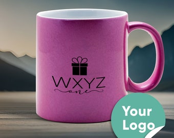 Taza personalizada con purpurina rosa de 11 oz con logotipo personalizado y diseño personalizado