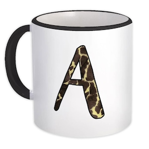 Taza con jirafa y alfabeto (A-Z): Taza con inicial y asa negra con estampado de animales de safari, regalo personalizado