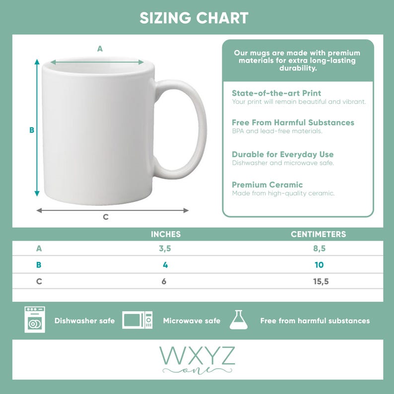 May include: A white ceramic mug with a handle, displayed with a sizing chart. The mug is 3.5 inches in diameter, 4 inches tall, and 6 inches wide. The chart also includes measurements in centimeters. The mug is dishwasher and microwave safe.