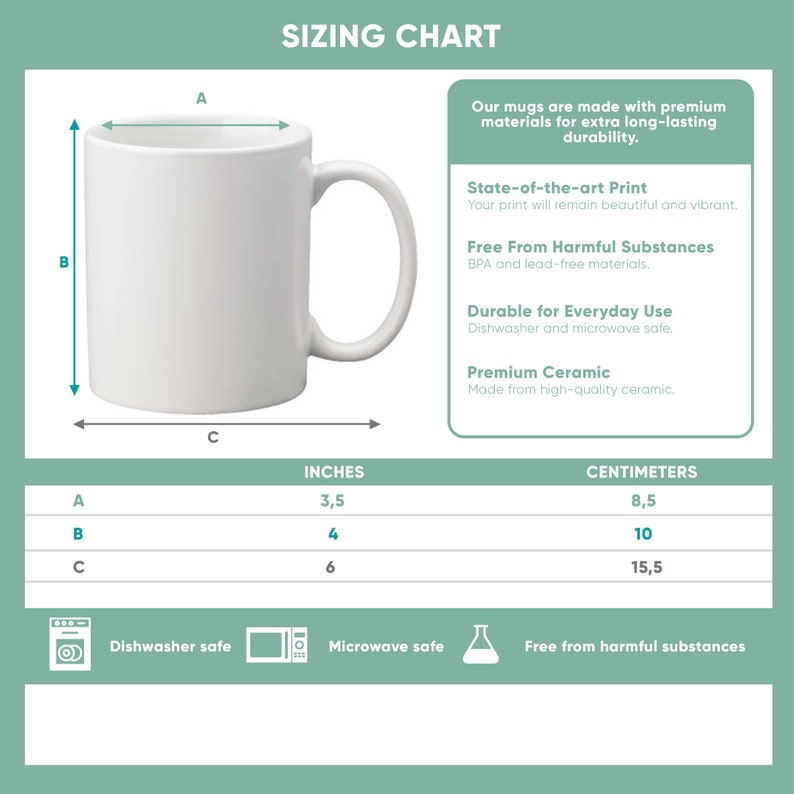 May include: A white ceramic mug with a handle, displayed with a sizing chart. The mug is 3.5 inches in diameter, 4 inches tall, and 6 inches wide. The chart also includes measurements in centimeters. The mug is dishwasher and microwave safe.