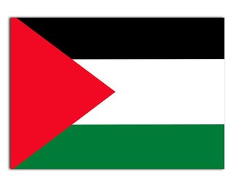 Könnte beinhalten: Die palästinensische Flagge, ein rechteckiges Design mit einem roten Dreieck auf der linken Seite. Darüber ein schwarzer Streifen, dann ein weißer Streifen und unten ein grüner Streifen.