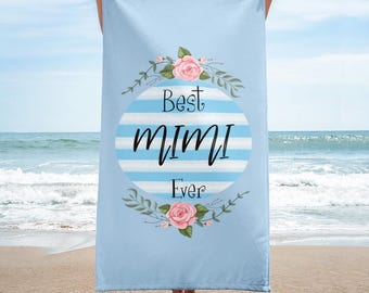 Custom Best MIMI Ever Beach Towel Gift Christmas Cute Birthday Stripes Blue Grandma White and Blue Any Name