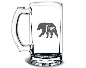 Papa Bear Glass Beer Mug Gift Fathers Day Christmas Birthday Grandfather Father Dad