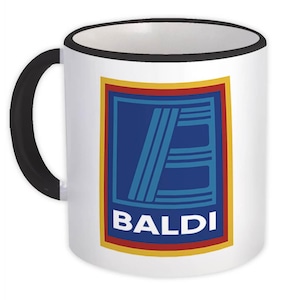 May include: White ceramic mug with a black rim and handle. The mug features a blue and yellow logo with the word "ALDI" in white text.