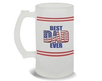 Best Dad Ever Frosted Beer Mug Gift Father Family Daddy Parent USA Flag American