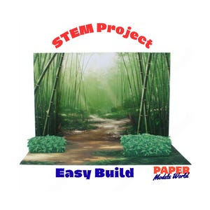 Può includere: Un progetto STEM in carta che raffigura una scena di foresta di bambù con un sentiero sterrato. Il modello include uno sfondo verticale e una base orizzontale con due cespugli verdi. Il testo riporta STEM Project, Easy Build e Paper Models World.