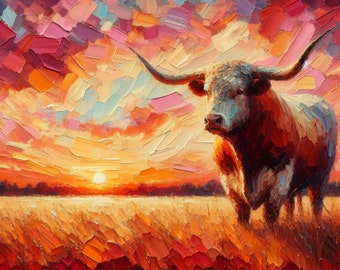 10x10, 12x12, 16x16, 20x20, Longhorn, Texas, County, Cow, cattle, ranching, acrylic, Giclee print, Fine Art, Sunset, Cowboy, Cowgirl
