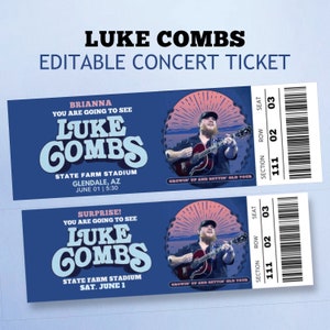 Luke Combs Tourticket, Tourticket, Luke Combs Tour, bearbeitbares Ticket, Canva-Vorlage, Überraschungsgeschenk