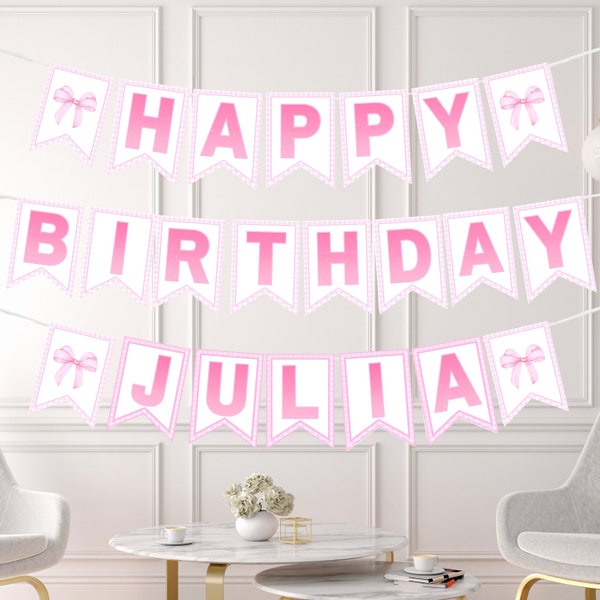 Pink Gingham Happy Birthday Banner, Gingham Printable ALL Letters, Coquette Birthday Decoration, Baby Name Banner, Pink Bow Banner