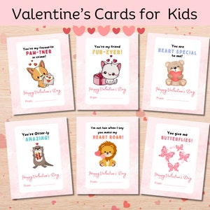 Printable Animal Valentine Cards, Variety of Animal Puns, Valentine Cards for Kids Classrooms Classroom Valentines Day Cards,Kids Valentines