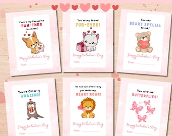 Printable Animal Valentine Cards, Variety of Animal Puns, Valentine Cards for Kids Classrooms Classroom Valentines Day Cards,Kids Valentines