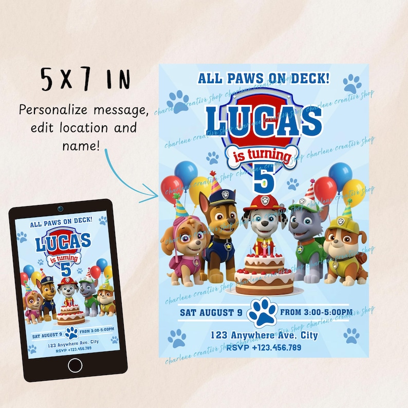 May include: A blue birthday invitation with the text "All Paws on Deck!" and "Lucas is turning 5." The invitation features cartoon characters, balloons, and a cake. The invitation is 5x7 inches.