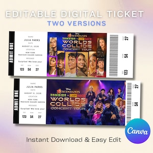 Op de afbeelding: Twee bewerkbare digitale concertticket-sjablonen voor de Disney Descendants Zombies and Camp Rock Worlds Collide tour. De tickets bevatten de naam van het evenement, de datum 21 augustus 2026, de locatie Madison Square Garden en stoelgegevens.