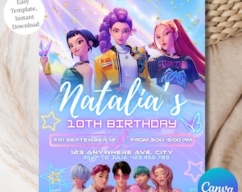 KPop Demon Hunters Editable Birthday Invitation, Kpop Demon Hunters Editable Canva Template, Kpop Anime Invite, Digital Download