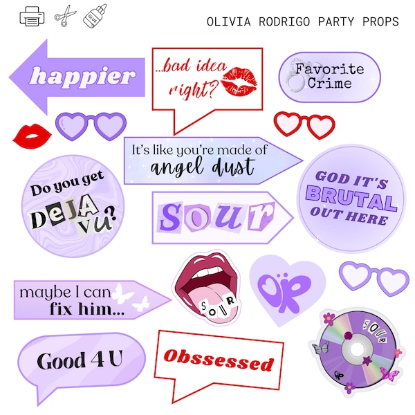 Olivia Rodrigo Party Props, Printable Sour, Guts Tour Party, Birthday Photobooth, Party Supplies, Digital Download, Guts World Tour Party