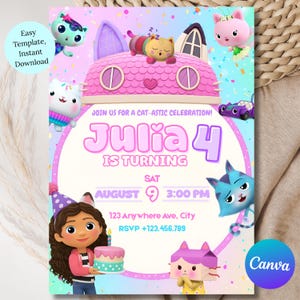 Pode incluir: Um convite de aniversário colorido com gatos de desenho animado e o texto "Julia 4 is Turning". O design inclui uma casa rosa em forma de gato, uma menina de desenho animado e as palavras "Easy Template, Instant Download."