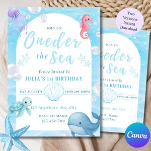 Oneder the Sea Birthday Editable Invitation, Under the Sea Editable Template, 1st Birthday Invite, Ocean Animals Under the Sea Invite