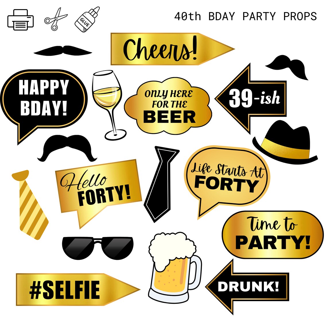 Printable 40th Birthday Photo Booth Props Printable for Her Him 40 ...