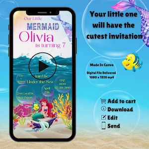 Animated Little Mermaid Invitation, Ariel Birthday Invitation, Little Mermaid Birthday Invitation, Kids Birthday Invitation, Ariel Invite