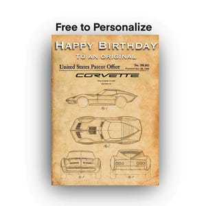 Corvette Birthday Card - Vintage Classic Car Patent  for Car Lover - FREE to Personalize Inside