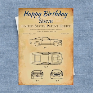 Carte d'anniversaire Mustang, cette carte d'art personnalisable Mustang brevetée est parfaite pour les papa, mari, grand-père, les amateurs de Ford Mustang et plus encore !