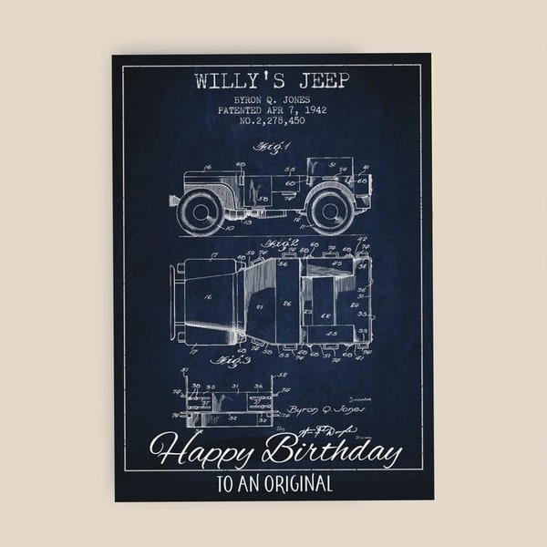 Willy’s Jeep Birthday card, Personalize this Classic Military Jeep Patent card, Great for any Jeep lover