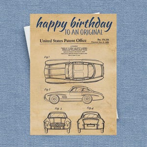 Carte d'anniversaire Mercedes, personnalisez cette voiture classique, cette impression de brevet vintage est idéale pour un amateur de voitures, un mari, une femme, un ami