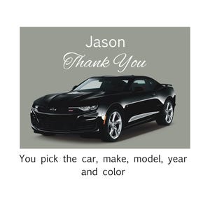 Personnalisez la voiture sur cette carte de remerciement, il peut s'agir d'une Corvette, Mustang, Ford, GM, Chrysler ou de n'importe quelle voiture. Un cadeau pour lui, papa, ami